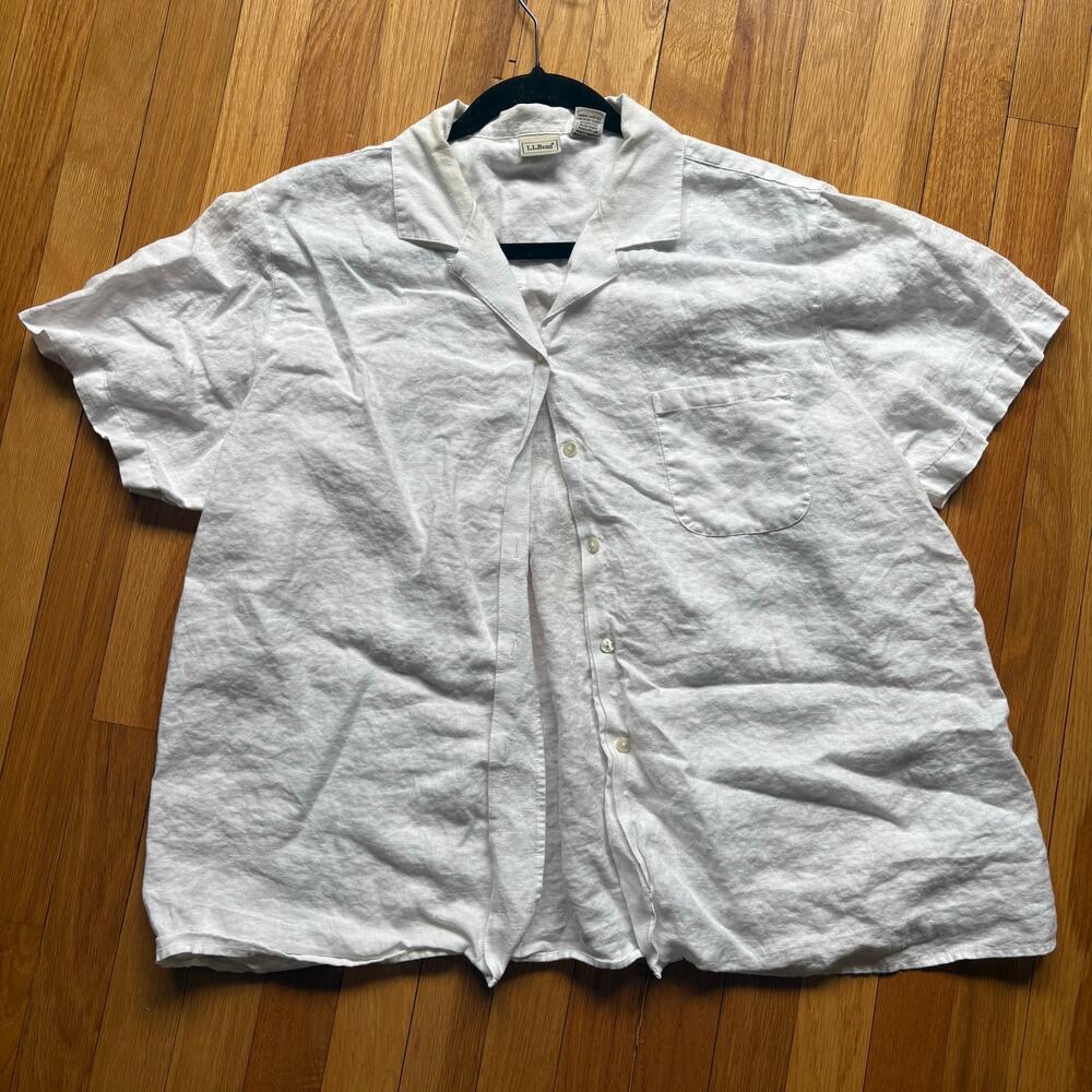 LL Bean Beige 100% Linen Short Sleeve Button-Up Camp Shirt Womens Large Vtg 90's